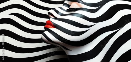 Artistic face with black and white stripes and bold red lips.