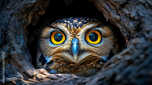 Owl Peeking Out of Tree Hol...