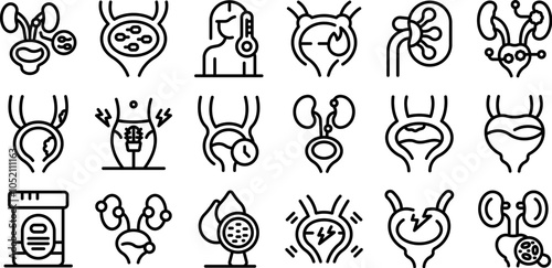 Urinary tract infection icons set. Urology icons representing various aspects of urinary health, kidney function, and bladder control, highlighting common concerns and treatments