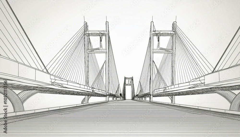Naklejka premium Sketch lines of suspension bridge, 3d rendering.