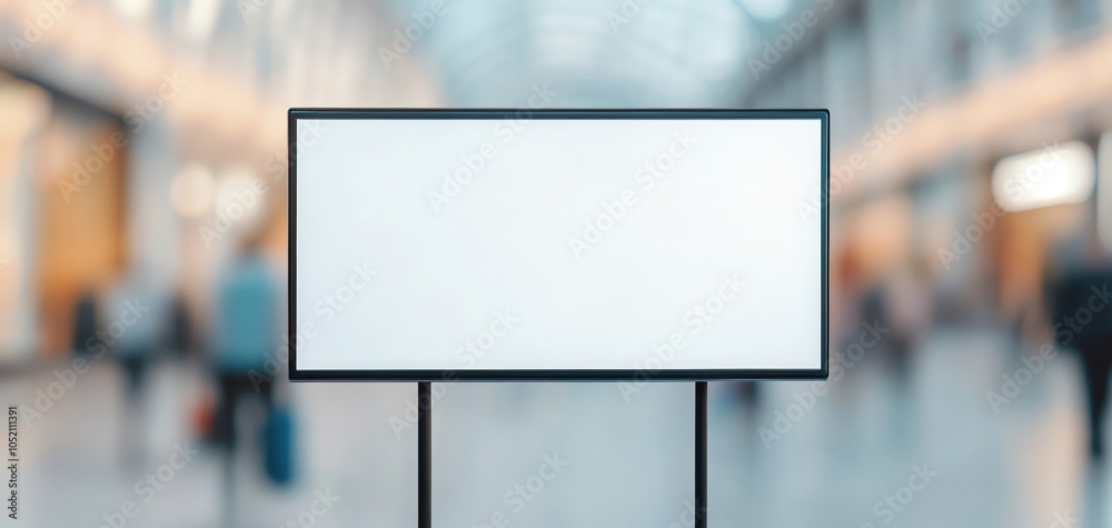 Bright, empty digital billboard in the center of a modern shopping mall, with blurred shoppers in the background, ready for customizable advertisement display Bright, empty digital billboard in the center of a modern shopping mall, with blurred shoppers in the background, ready for customizable advertisement display