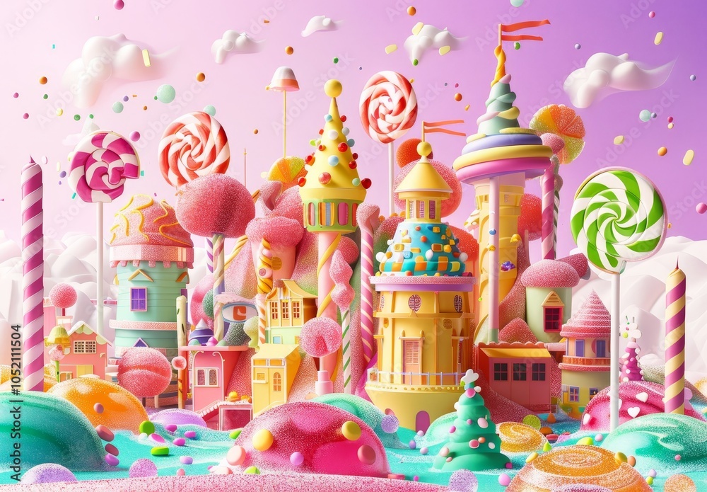 Obraz premium Whimsical Candy Land with Colorful Architecture and Charming Characters.