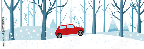 A vibrant winter landscape with a retro car driving through a snowy forest, surrounded by trees and gentle snowfall. Vector illustration