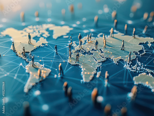Global network concept with miniature people on a world map, connected by digital lines.
