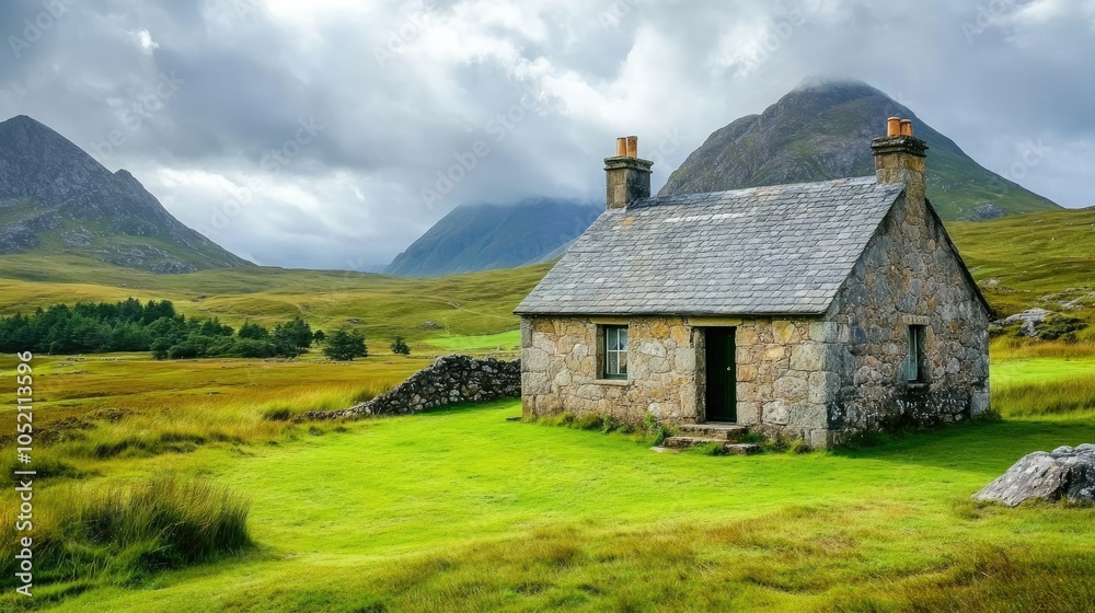 An isolated stone house on a grassy hillside, with panoramic mountain views under a cloudy sky, creating a feeling of tranquility. An isolated stone house on a grassy hillside, with panoramic mountain views under a cloudy sky, creating a feeling of tranquility.