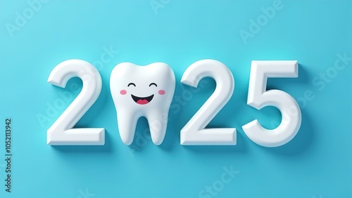 The white numbers 2025 and a tooth are depicted on a blue background. A banner for celebrating the New Year in dentistry. A postcard dedicated to the Christmas holiday. It is suitable for medicine.