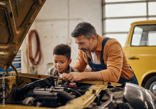 Father and Son Working on a Classic Car in a Garage