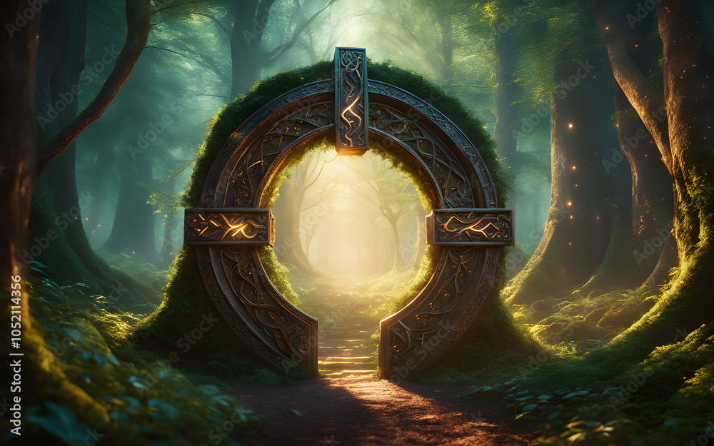 Mystical portal opening in the middle of a dense, enchanted forest ...