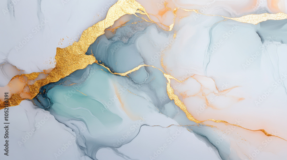 Naklejka premium Fluid marble design with purple, gold accents offering an elegant backdrop for creative projects and modern decor