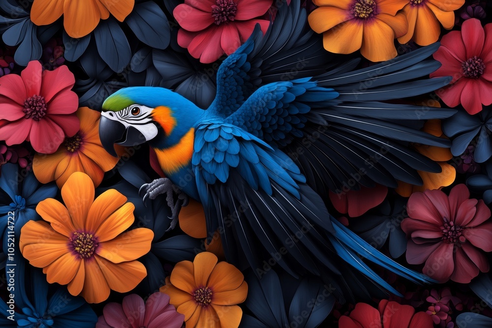 Fototapeta premium a 2D cartoon illustration of a parrot flapping its wings surrounded by colorful flowers white background