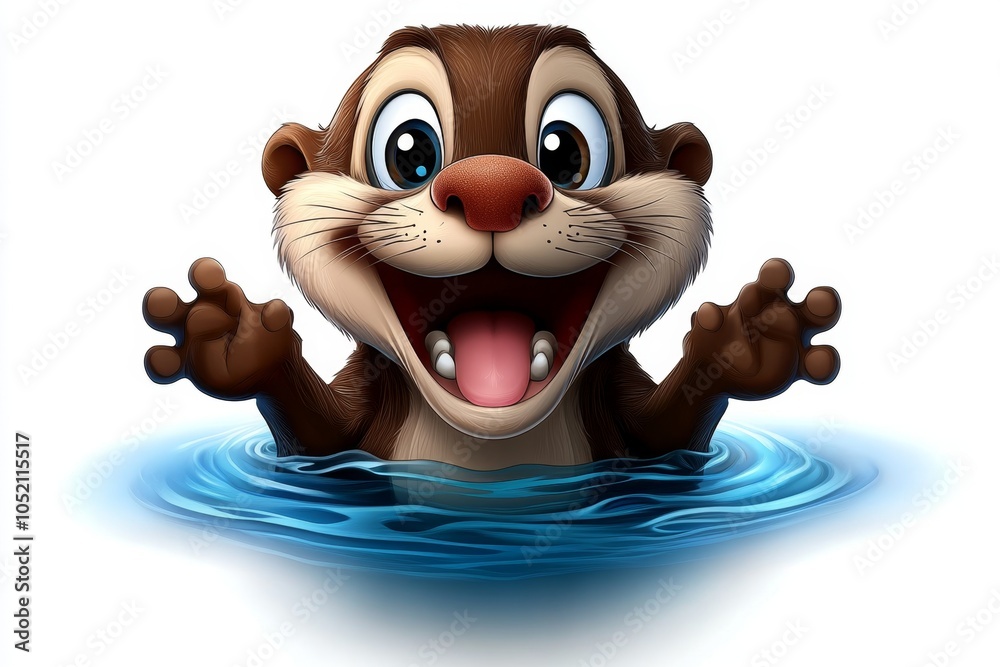 Fototapeta premium a 2D cartoon illustration of a playful otter floating on its back in the water white background