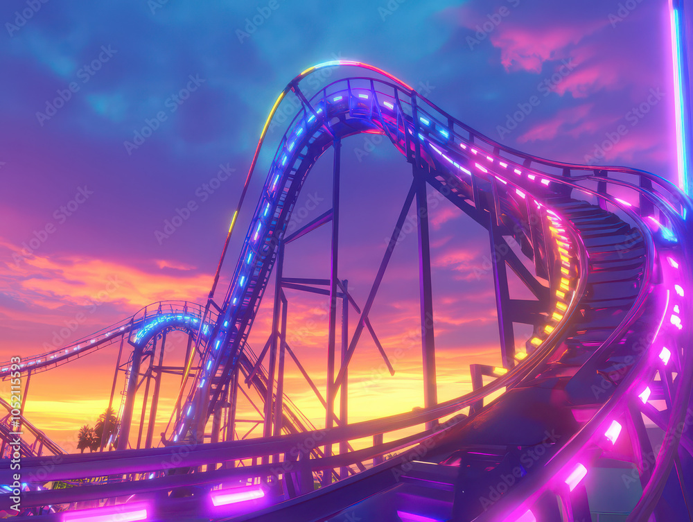Obraz premium Vibrant roller coaster with neon lights against a stunning sunset sky, creating an exhilarating atmosphere.