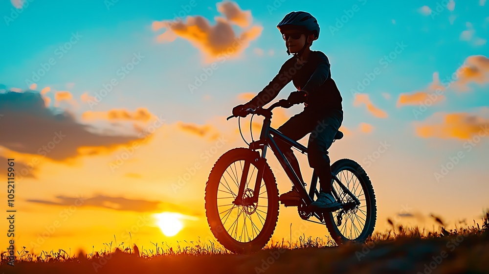 Fototapeta premium Silhouette of Cyclist Riding Bike at Sunset