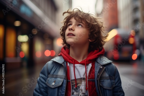 Outdoor portrait of a cute little boy in the city at night