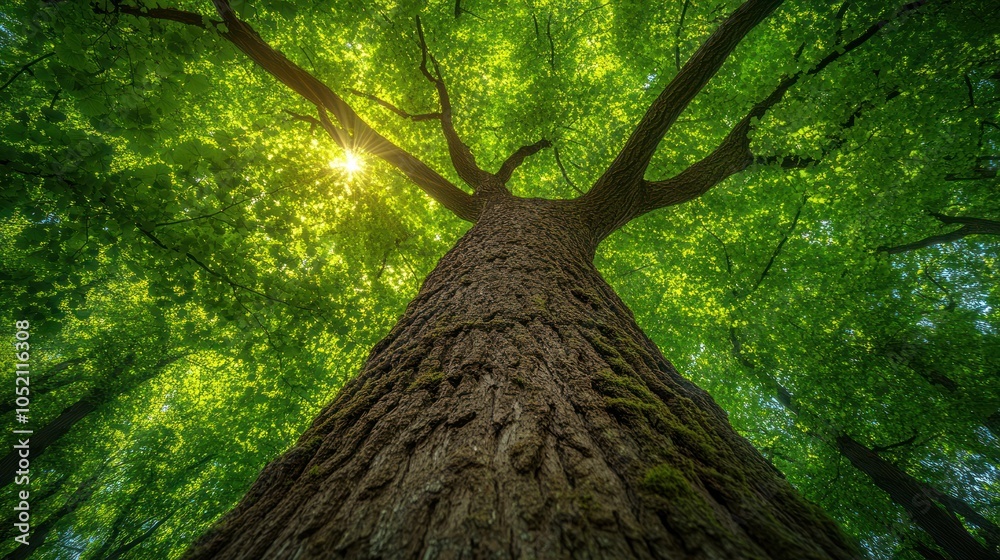 Naklejka premium A Low Angle View of a Tree Trunk Surrounded by Lush Green Foliage in a Forest