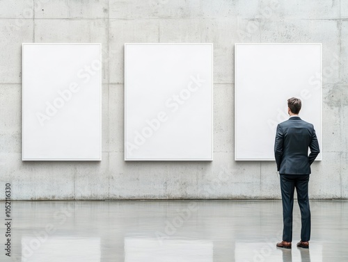 A businessman stands in front of three empty frames, contemplating creativity and potential in a minimalist gallery setting.