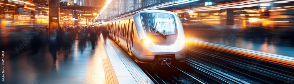 Obraz premium A dynamic shot of a speeding train in a modern urban environment, showcasing motion and energy amidst vibrant city lights.