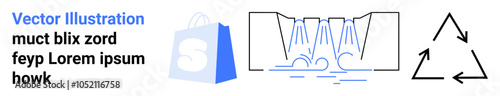 Set of icons featuring a shopping bag, a conceptual waterfall diagram, and a recycling symbol. Ideal for eCommerce, environmental awareness, technical diagrams, sustainability, and informational