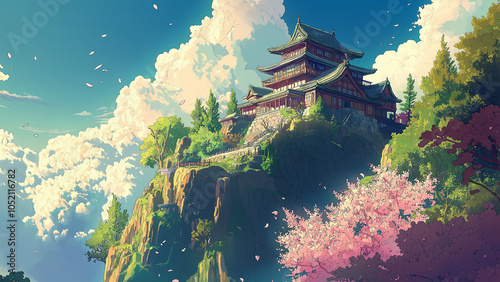 Castles of the Warring States Period in Japan. Illustrations that look like a scene from an anime or game. Blue sky, sun, clouds, sunset, night, fog, snow, rain, autumn, cherry blossoms, etc. photo