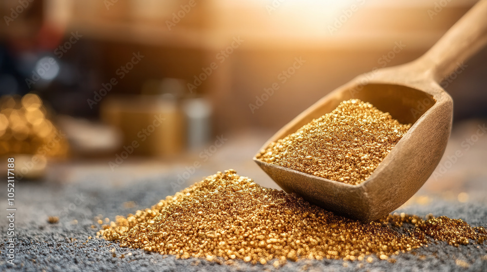 Close up of gold ore being extracted from rock, showcasing shimmering gold particles in wooden scoop. scene captures beauty and richness of natural resources Close up of gold ore being extracted from rock, showcasing shimmering gold particles in wooden scoop. scene captures beauty and richness of natural resources