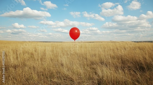 Single red balloon floating in an open field, symbolizing individuality with plenty of space for copy