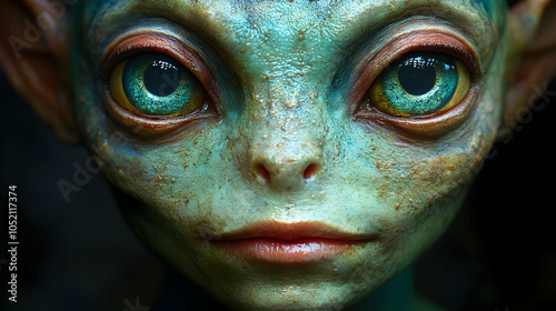 Close Up Portrait of an Alien with Blue Skin and Green Eyes - Realistic Image