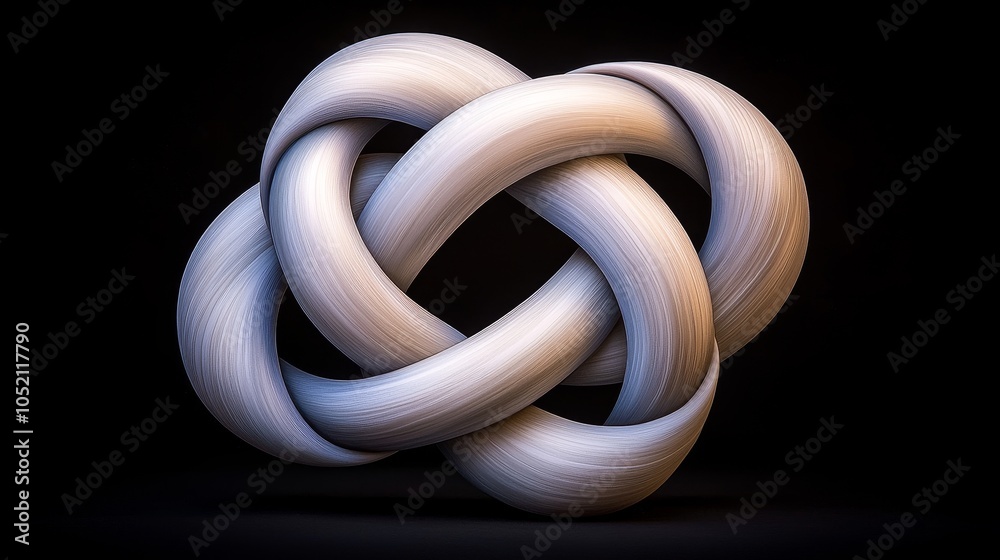 Abstract Intertwined Shapes 3D Render White Knot on Black Background