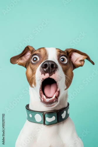 A surprised dog with its mouth open captured against a vibrant mintcolored background creates an adorable scene photo