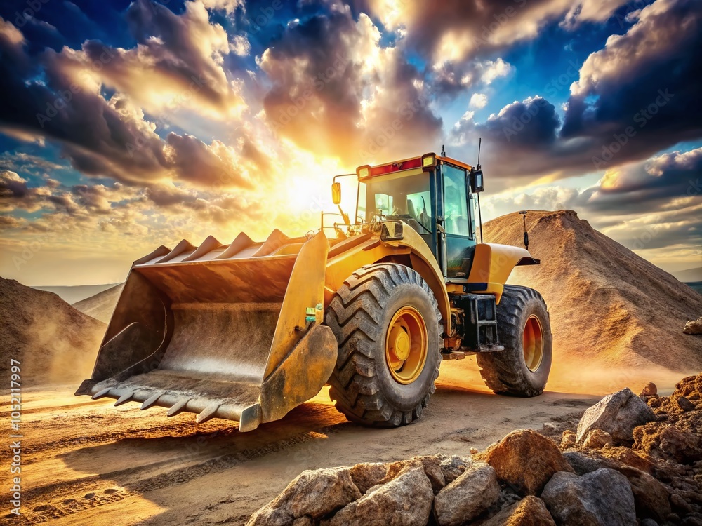 Powerful Wheel Loader Working on a Construction Site with Full Bucket of Sand for Earthworks Powerful Wheel Loader Working on a Construction Site with Full Bucket of Sand for Earthworks