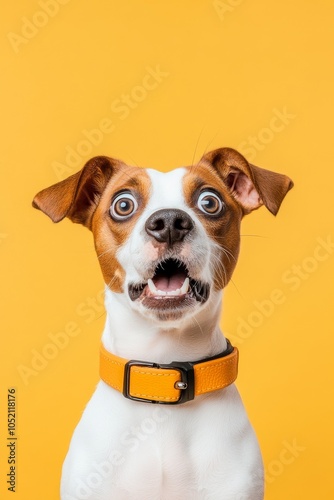 A surprised dog with its mouth open captured against a vibrant mintcolored background creates an adorable scene photo