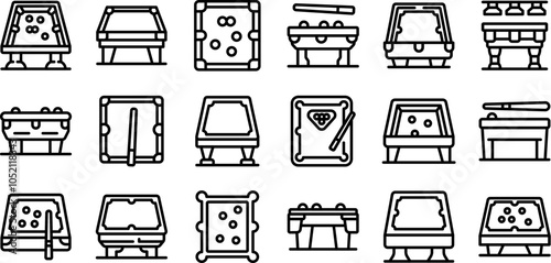 Snooker table icons set. Set of billiard tables viewed from above, sideways, and in perspective, ideal for illustrating game concepts, leisure activities, or sports venues
