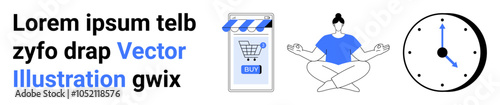 Smartphone with shopping app, person meditating, clock. Ideal for e-commerce, mindfulness, time management, productivity, digital wellness. Banner for landing page