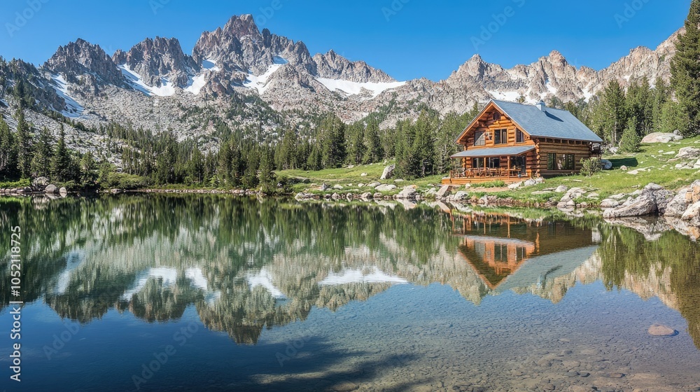 A solitary wooden cabin by a clear lake, with a stunning mountain range mirrored in the water, creating a serene natural retreat. A solitary wooden cabin by a clear lake, with a stunning mountain range mirrored in the water, creating a serene natural retreat.