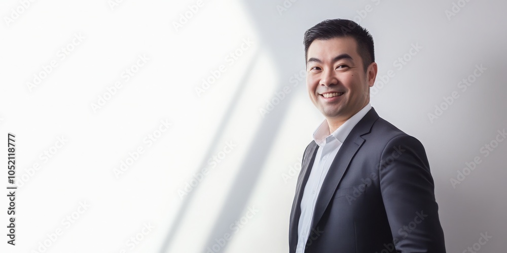 A single tall Chinese man smiles at the camera, standing on the right side of the frame, white background. A single tall Chinese man smiles at the camera, standing on the right side of the frame, white background.