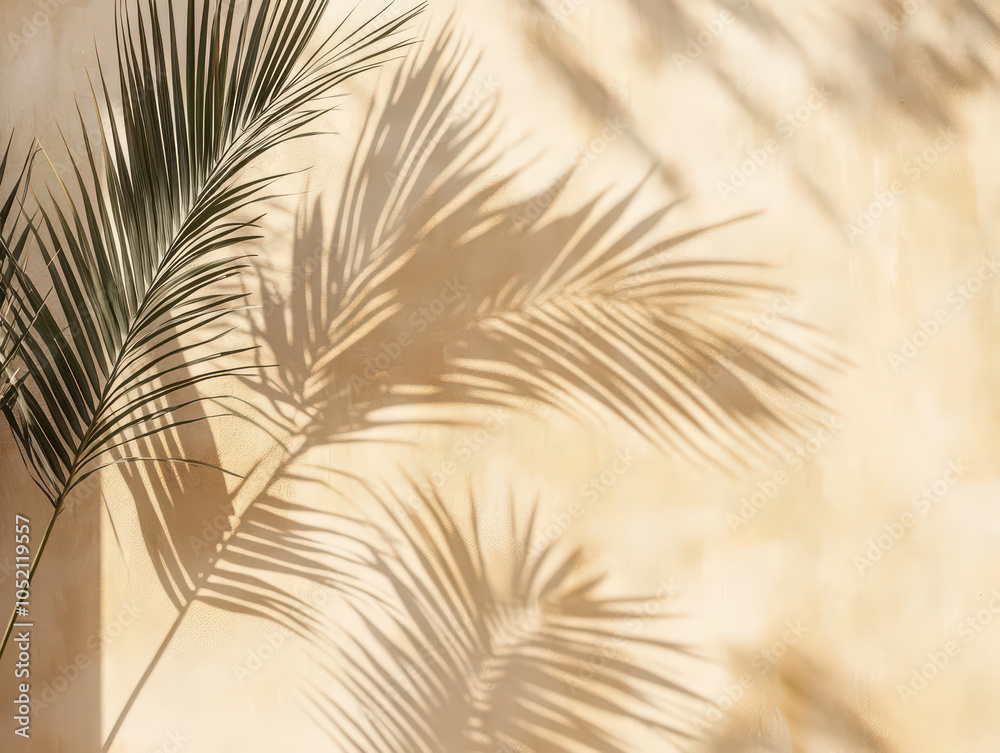 Obraz premium Sunlit palm leaf shadows create a serene pattern on a warm beige wall.