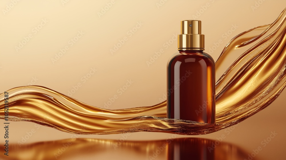 Fototapeta premium A bottle of brown essence toner with a golden metal cap, surrounded by flowing liquid.