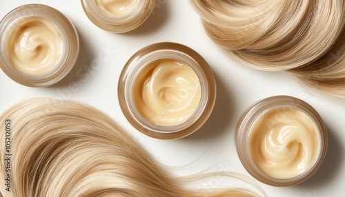 Close-up of glossy blonde hair with jars of creams and serums, premium hair care, natural shine, elegance and beauty, luxurious setup photo