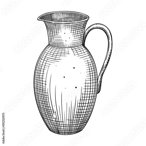 Pitcher vector illustration. Linear drawing of vintage jug painted by black inks. Outline etching of container for liquid on isolated background. Etch of kitchenware for milk or wine. Art for cookbook