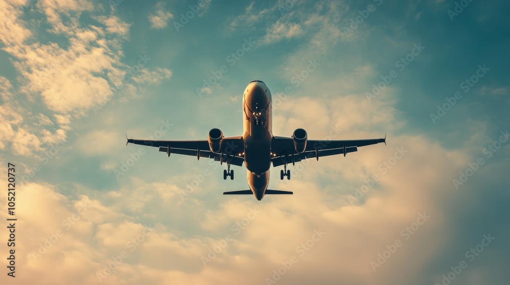 Large passenger jet is approaching an airport, flying through a cloudy evening sky with its landing lights switched on Large passenger jet is approaching an airport, flying through a cloudy evening sky with its landing lights switched on