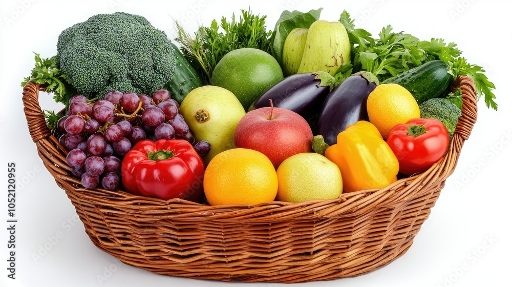 Top view of fruits and vegetables in a woven basket on white background, vibrant and fresh with ample text area Top view of fruits and vegetables in a woven basket on white background, vibrant and fresh with ample text area