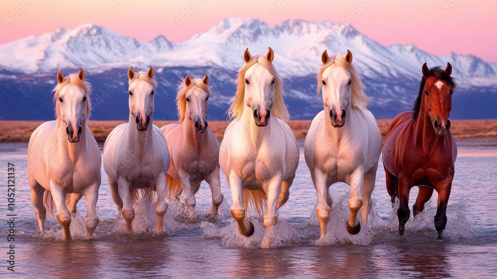Obraz premium A beautiful herd of horses galloping through water, set against a stunning mountain backdrop during dawn.