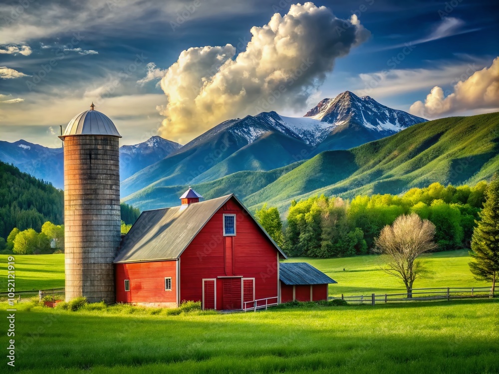 Red Barn and Silo in Lush Green Countryside with Majestic Mountains - Scenic Landscape Photography Red Barn and Silo in Lush Green Countryside with Majestic Mountains - Scenic Landscape Photography