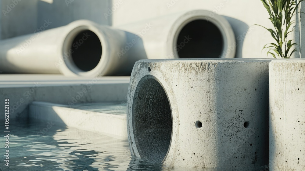 Close-up of a set of concrete pipes, showing raw, textured surfaces and circular forms in a bright outdoor area. Close-up of a set of concrete pipes, showing raw, textured surfaces and circular forms in a bright outdoor area.
