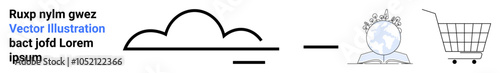 Minimalist design with a cloud, globe with graduation cap, and shopping cart. Ideal for education, international studies, online shopping, digital innovation, and global commerce. Banner for landing