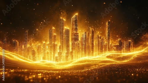 Glowing futuristic skyline with flowing energy waves photo