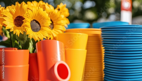 Colorful display of eco-friendly crafts made from recycled materials, showcasing sustainable art, vibrant creativity, green innovation concept photo