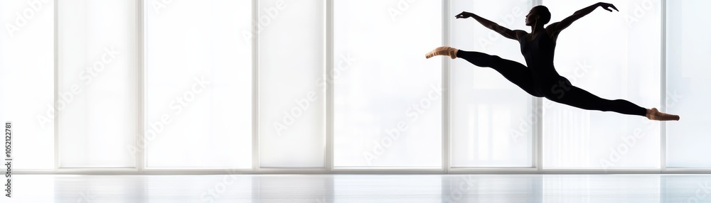 A dancer leaps gracefully against a bright, modern backdrop, showcasing elegance and strength in motion. A dancer leaps gracefully against a bright, modern backdrop, showcasing elegance and strength in motion.