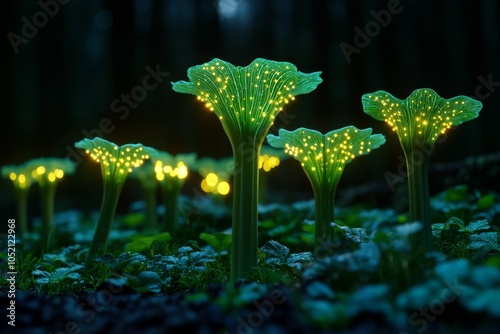 A fantasy forest filled with tall, vibrant celery stalks growing like trees, with a magical glow surrounding them photo