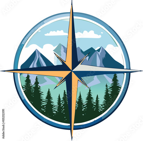 compass symbol with mountains and forest in the background, representing adventure photo