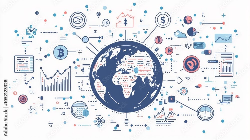 Obraz premium Global investment diversification concept A globe surrounded by stock market symbols, cryptocurrency icons, and investment charts showing diversified portfolios